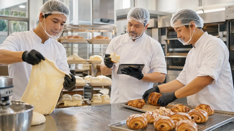 Tim produksi bakery memakai sarung tangan, penutup rambut, dan pelindung dagu saat memeriksa adonan dan hasil panggang