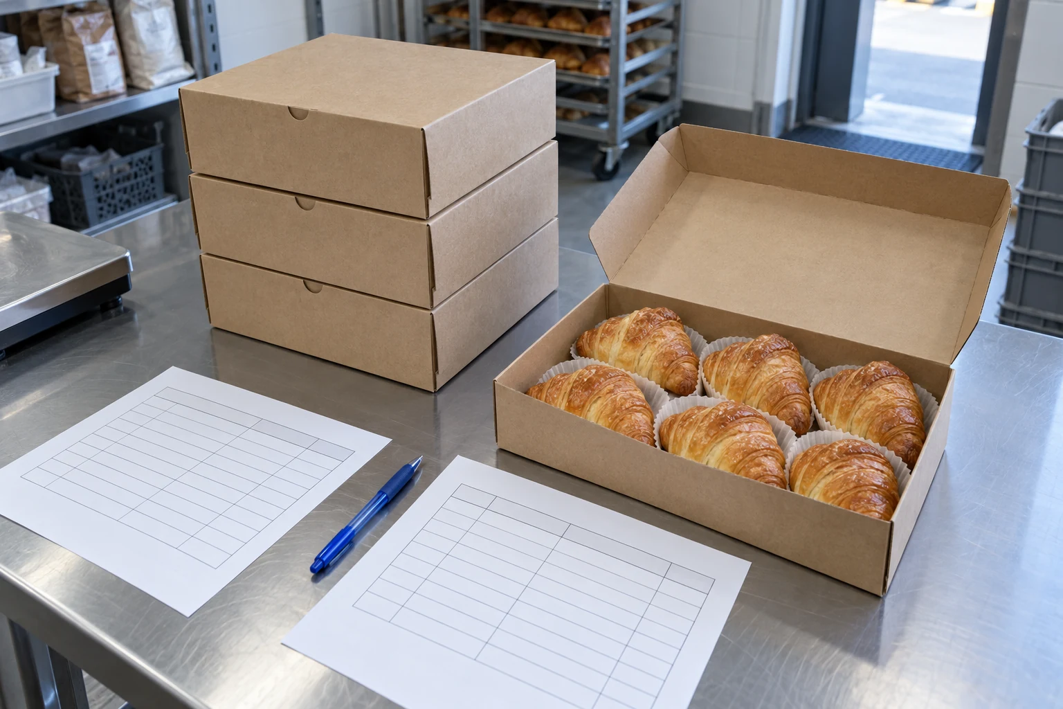 Kotak bakery, pastry, dan dua lembar tabel di meja penerimaan