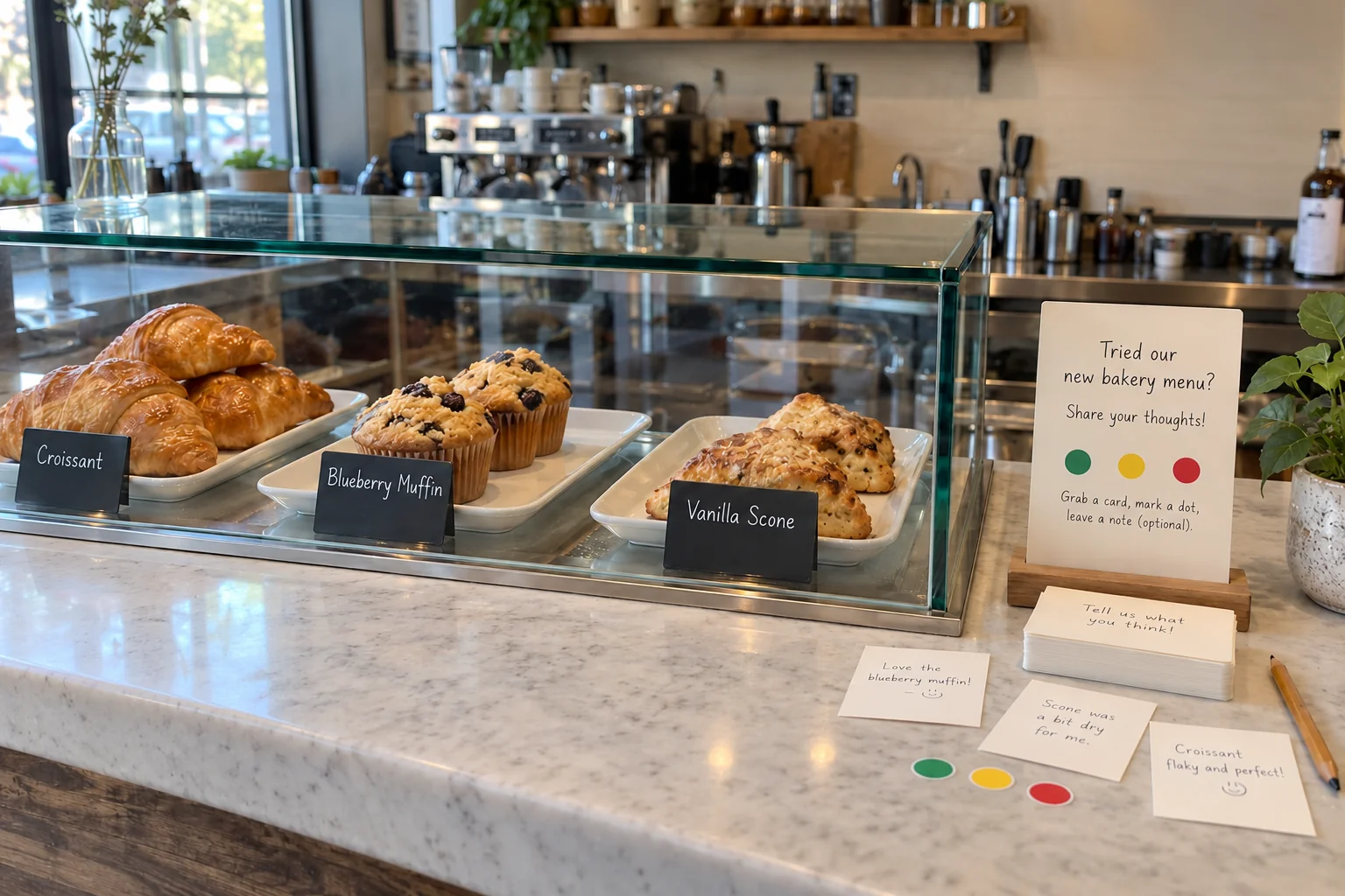 Rak pastry di outlet dengan beberapa penanda masukan