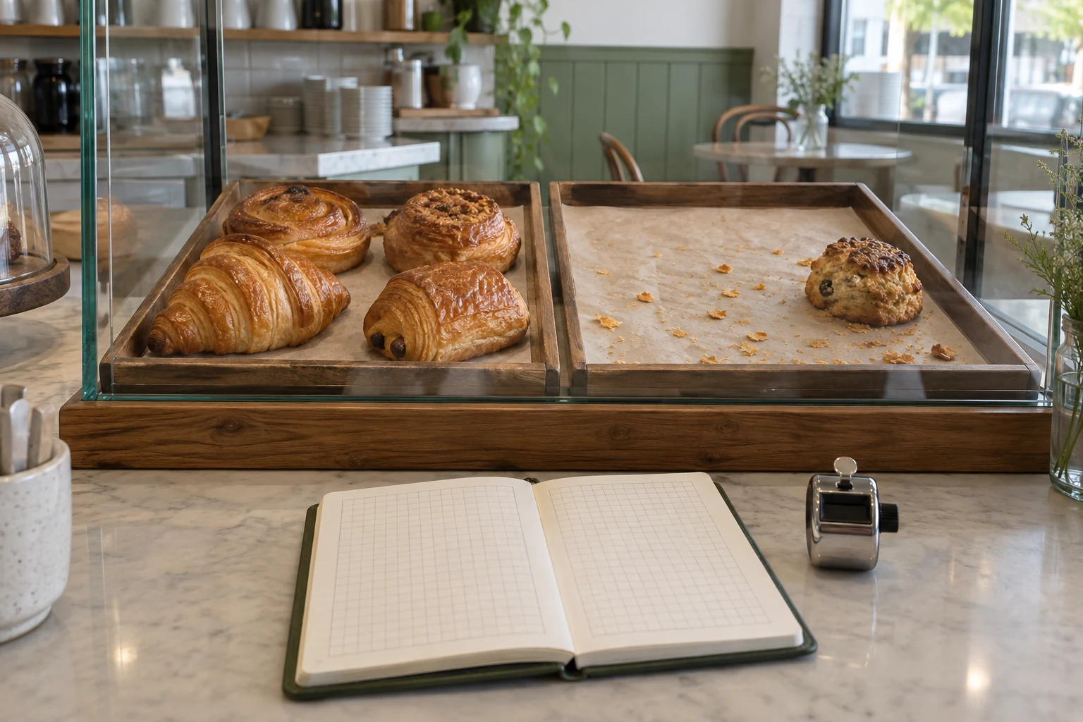 Dua baki pastry dengan sisa berbeda di atas buku catatan shift